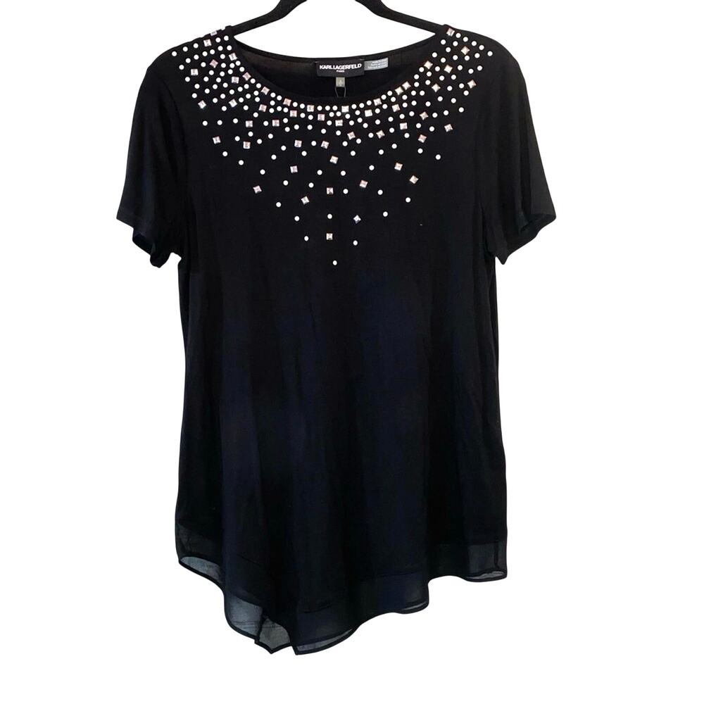 Karl Lagerfeld Paris Embellished Blouse Small Black Studded Sheer Hem Top NWT